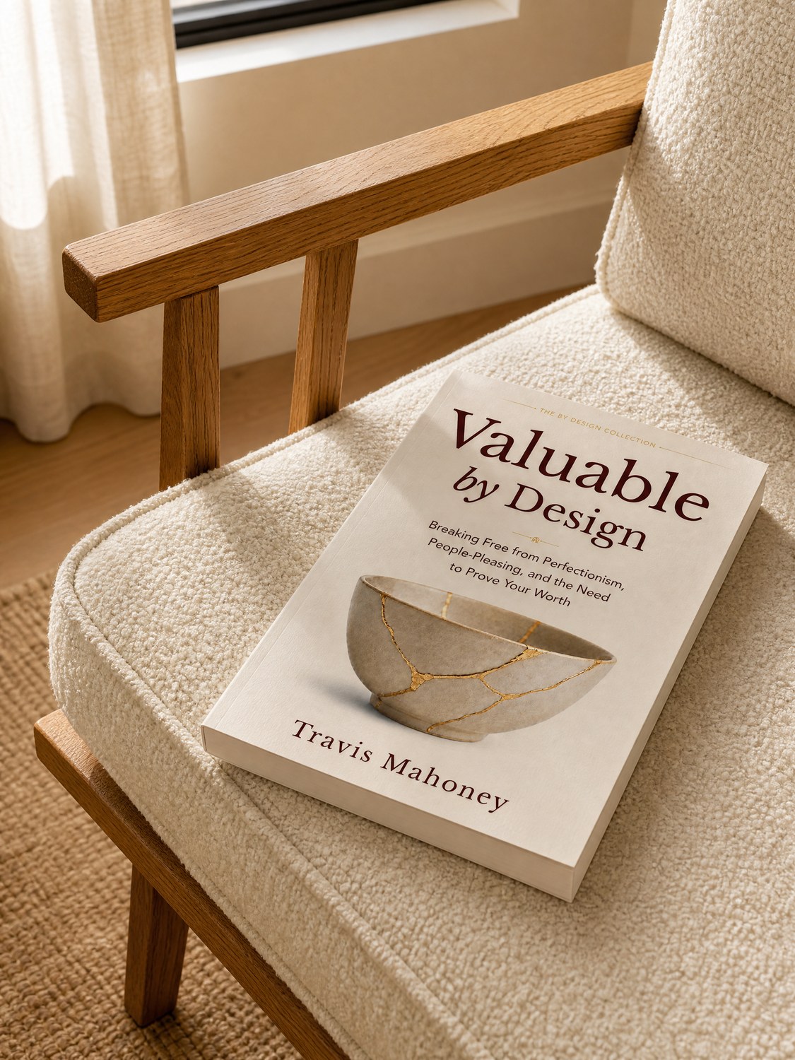 Valuable by Design on a bouclé reading chair